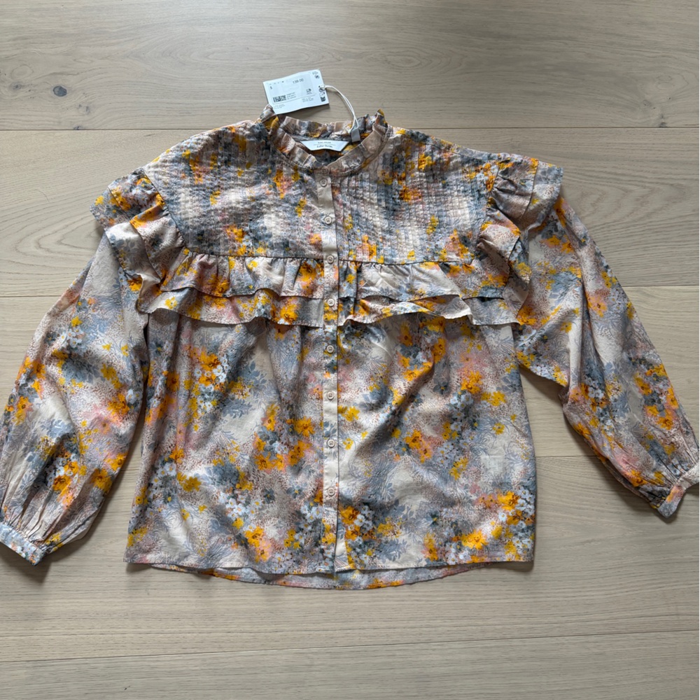 & Other Stories Floral Ruffle Button-Front Blouse in Yellow, Pink, Gray